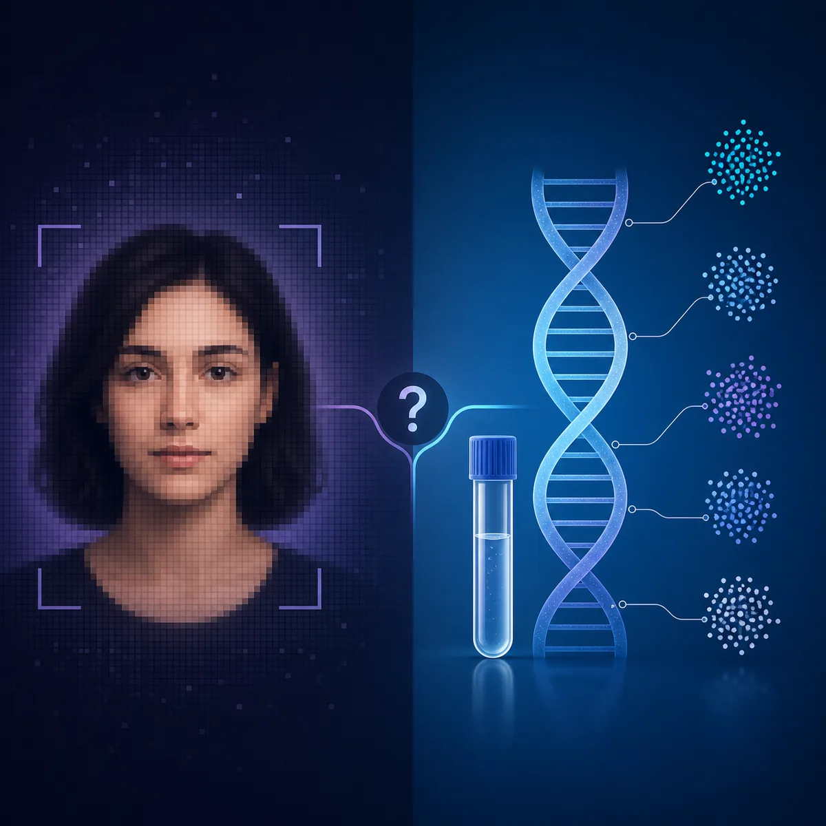 Comparación editorial entre una foto pixelada y un análisis de ascendencia mediante ADN