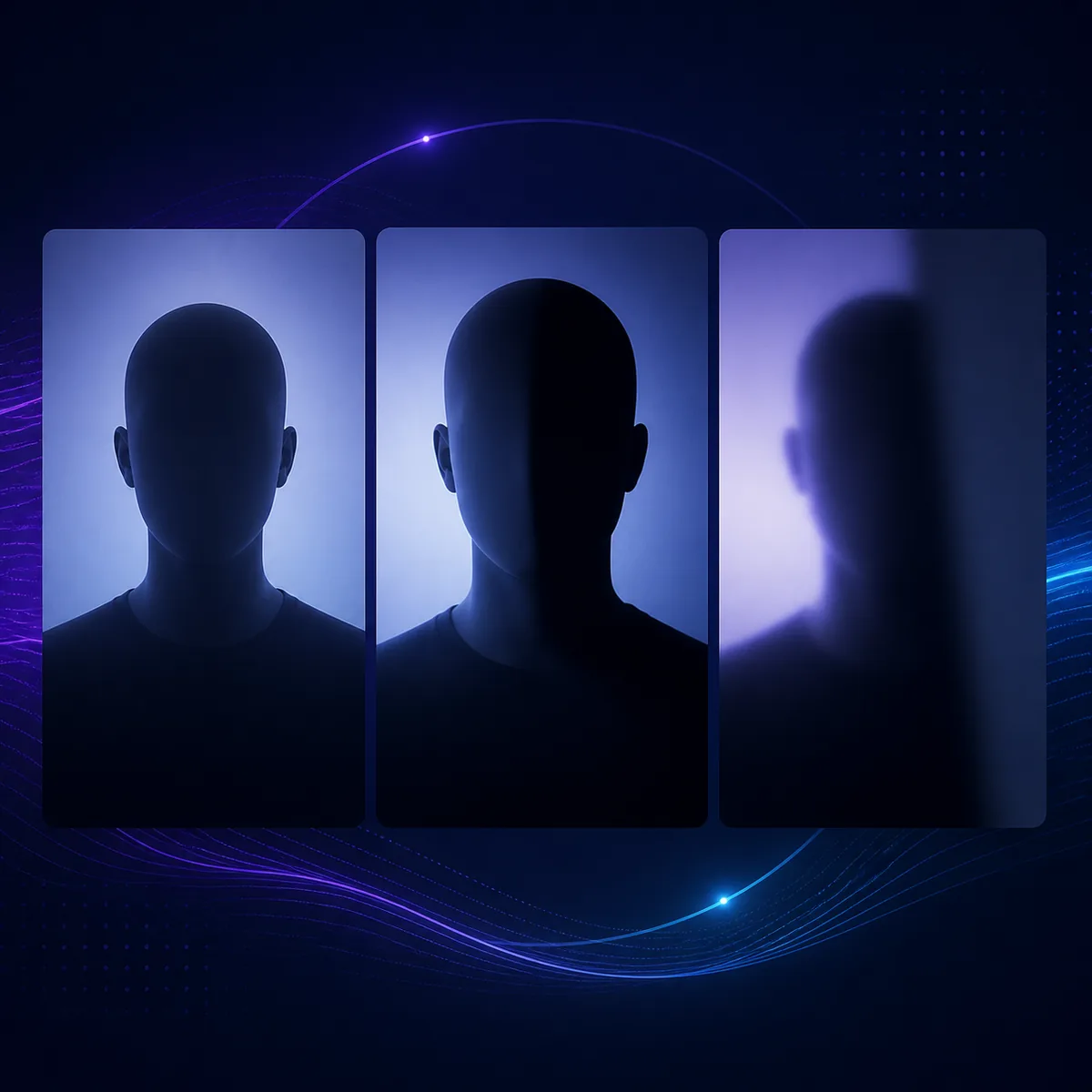 Tres retratos neutros que muestran cómo la luz, las sombras y el desenfoque cambian la información visual