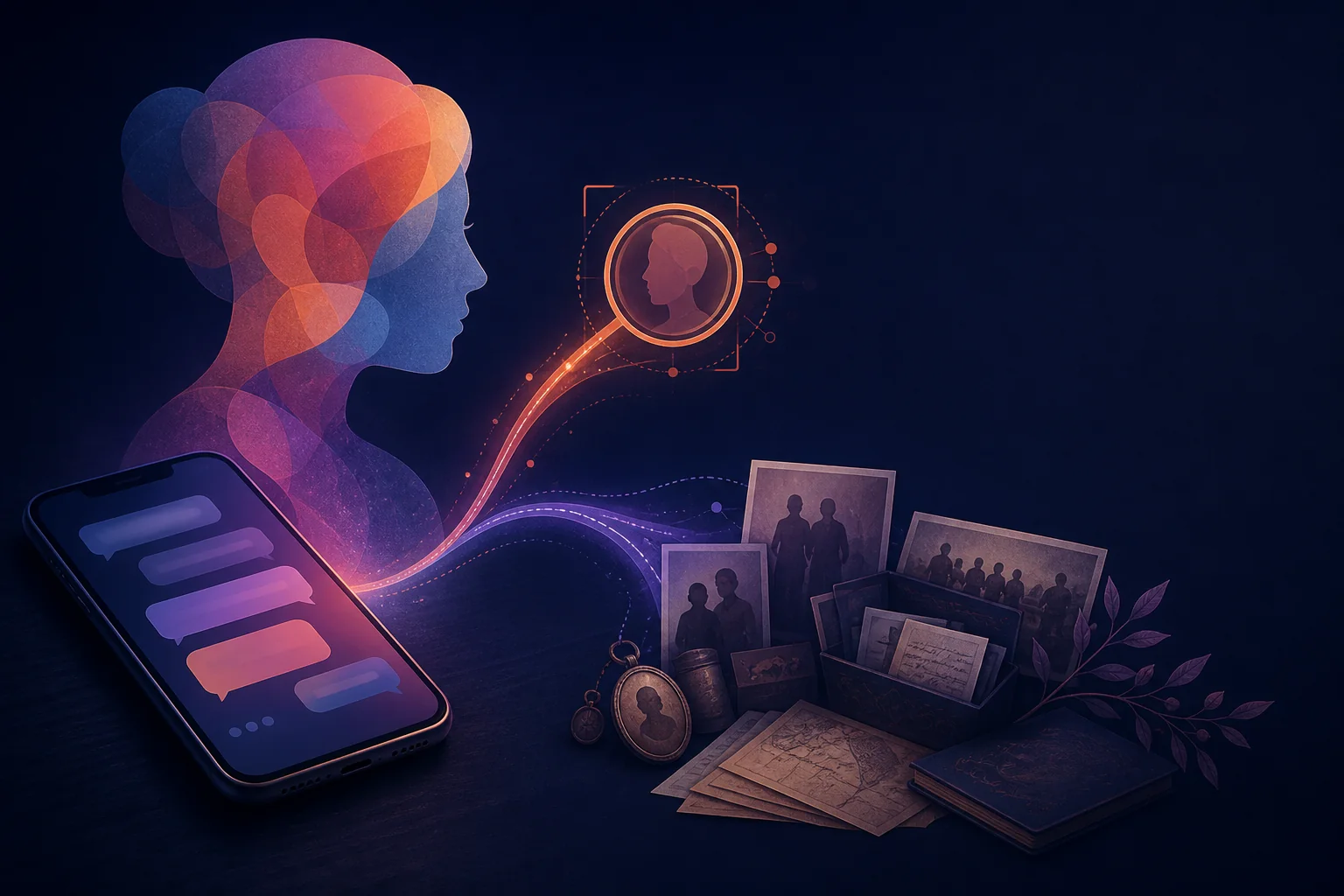 Redaktionelle Illustration mit einem Chat, einer Porträtsilhouette und Familienunterlagen, die durch zwei Wege verbunden sind