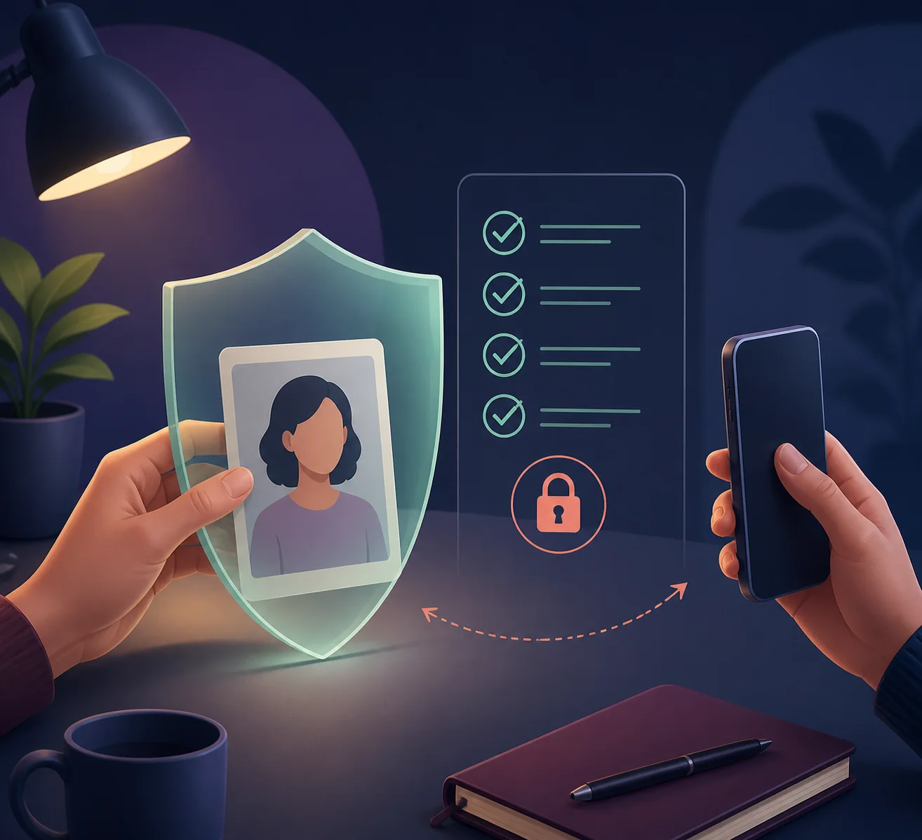 Datenschutzillustration mit einem persönlichen Foto hinter einem Schild, einer Checkliste und einem Smartphone
