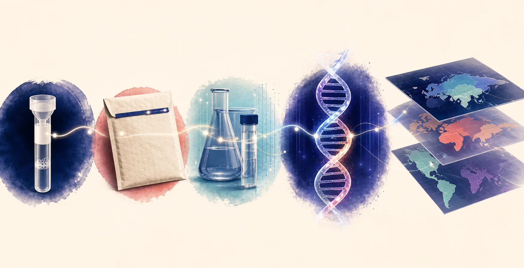 Illustration du parcours d'un échantillon d'ADN vers l'analyse en laboratoire et les populations de référence