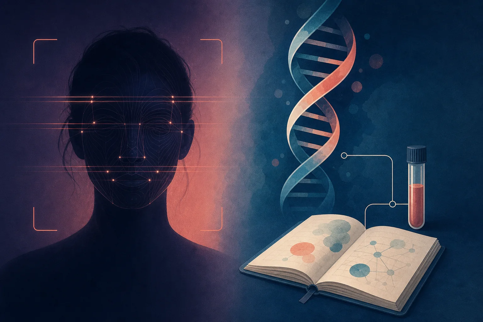 Illustration éditoriale opposant une analyse faciale par IA à un échantillon d'ADN