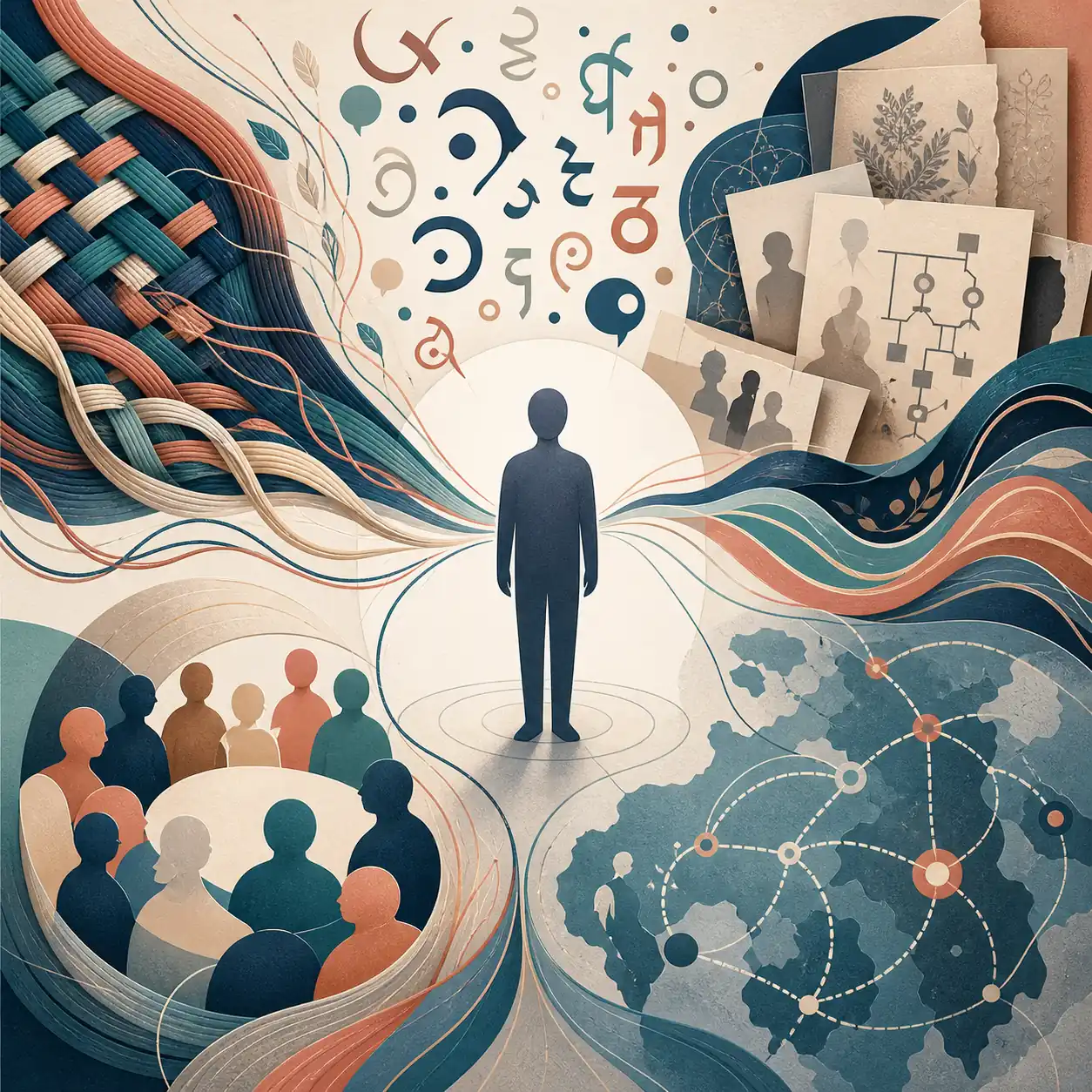 Ilustração editorial mostrando cultura, idioma, história familiar e comunidade como partes de uma etnia