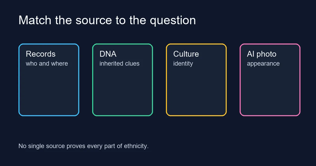 Comparison chart showing what records, DNA, culture, and AI photo tools can and cannot prove