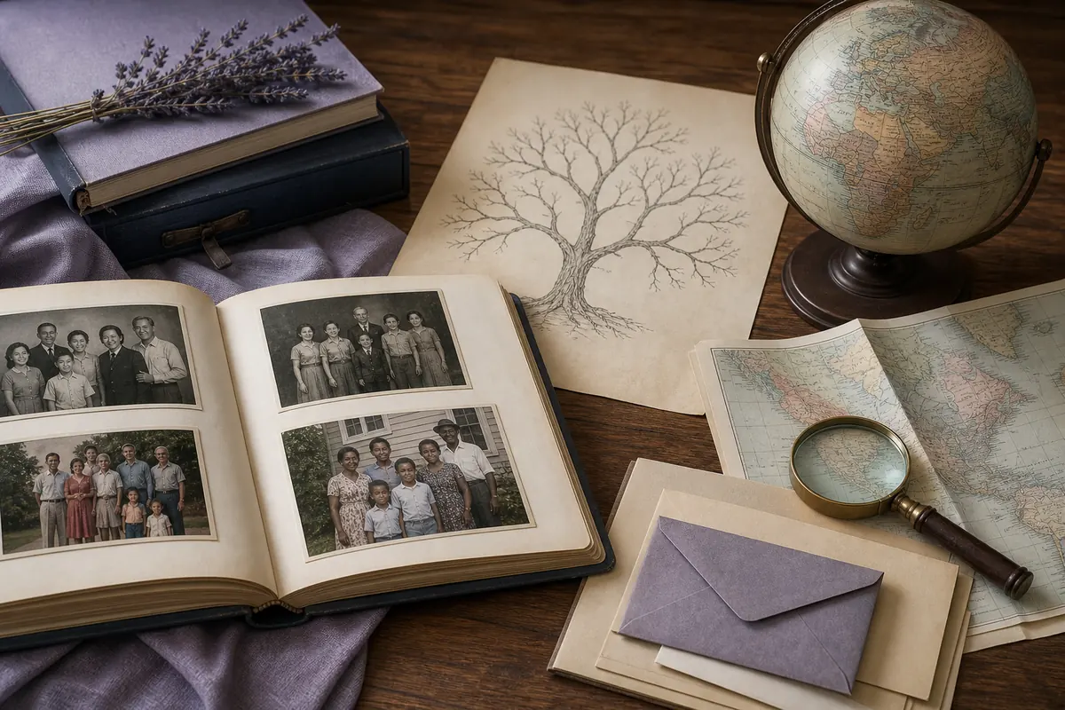 Photos de famille, arbre généalogique, cartes et loupe pour rechercher l'origine d'un nom de famille