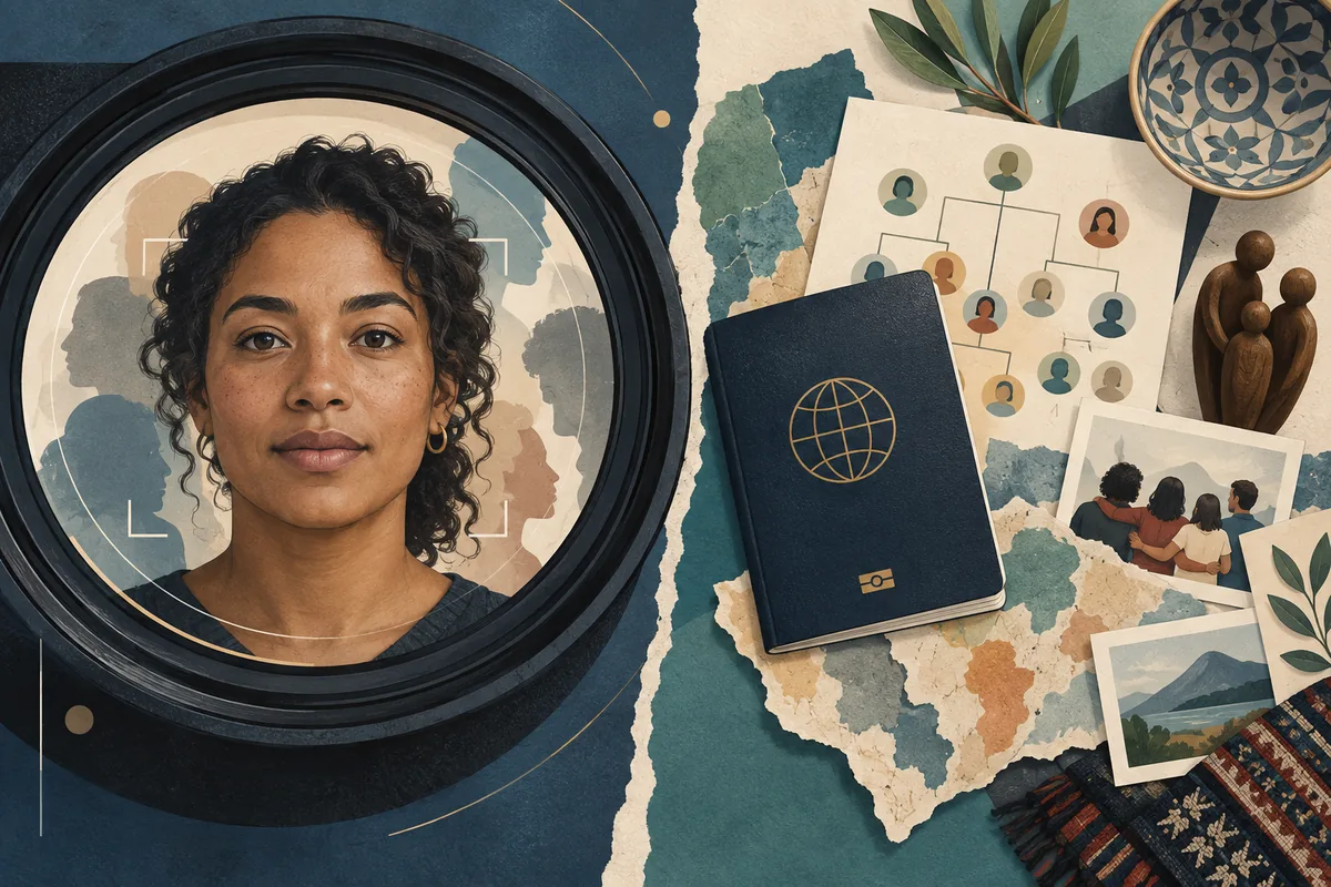 Editorial illustration comparing a visual impression with family records, citizenship documents, and ancestry evidence