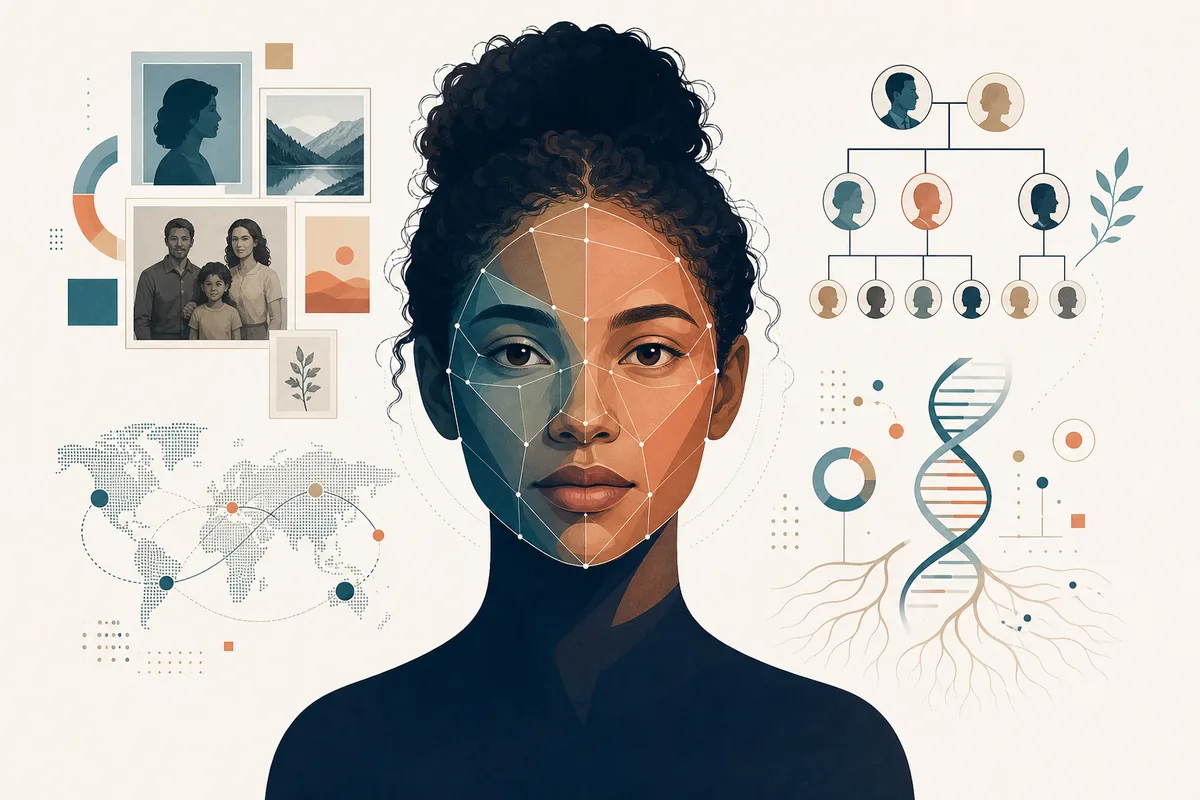 Redaktionelle Illustration eines Phenotype Guessers mit sichtbaren Merkmalen und Herkunftsbelegen