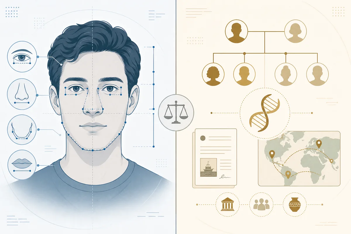 Vergleichsgrafik zwischen Foto-Hinweisen eines Phenotype Guessers, DNA und Familienunterlagen