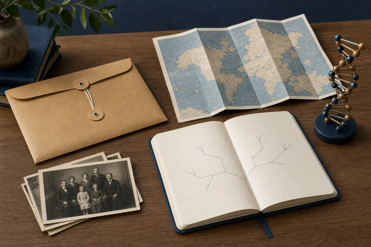Enveloppe, photos de famille, carte, carnet d'arbre généalogique et modèle d'ADN représentant plusieurs niveaux de preuve