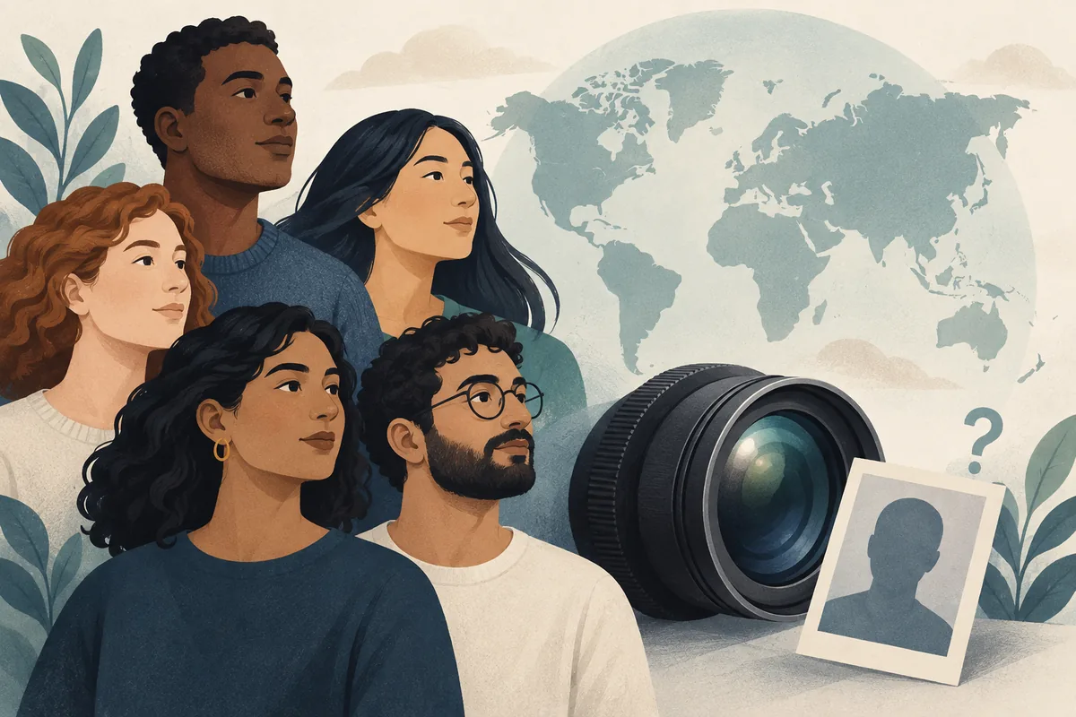 Editorial illustration of a person considering an appearance-based nationality guess beside a world map
